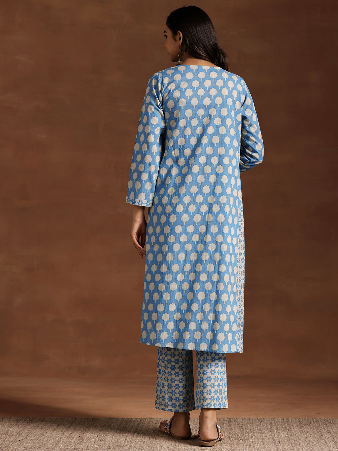 Blue Printed Cotton A-Line Kurta With Trousers