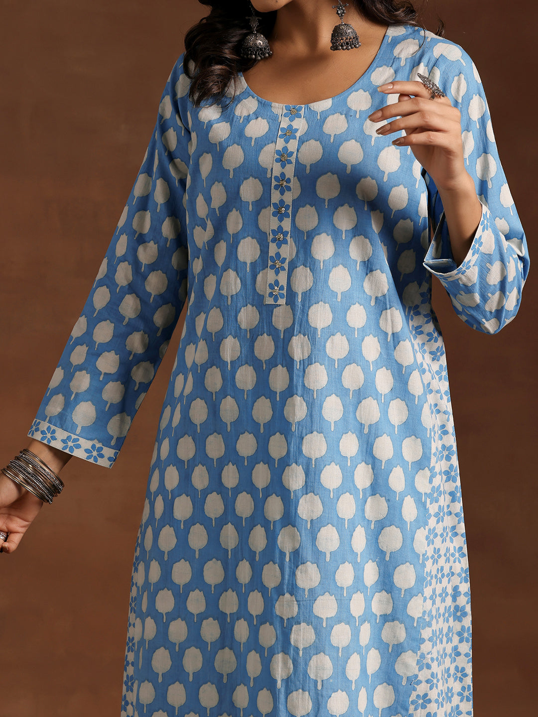 Blue Printed Cotton A-Line Kurta With Trousers