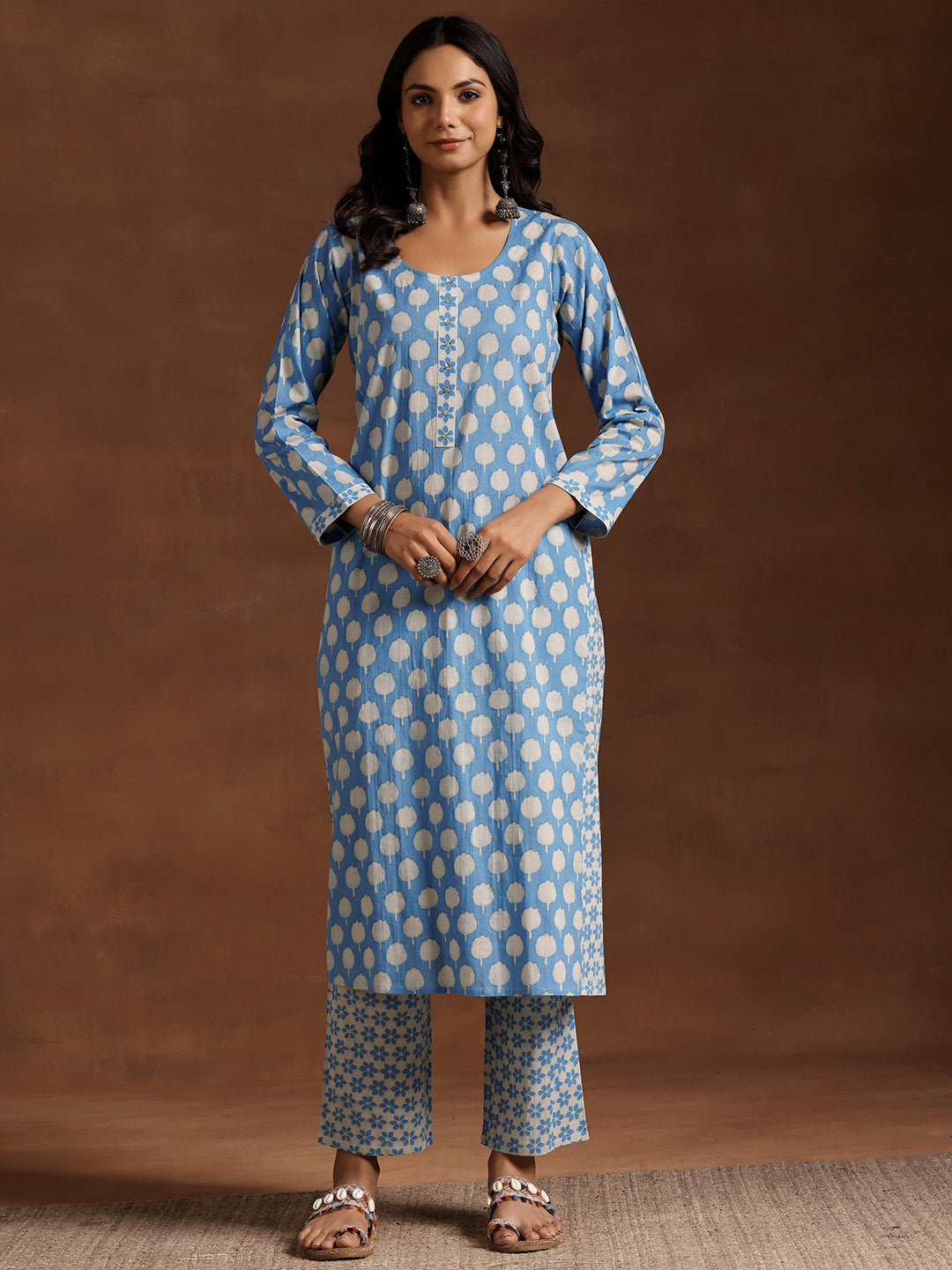 Blue Printed Cotton A-Line Kurta With Trousers