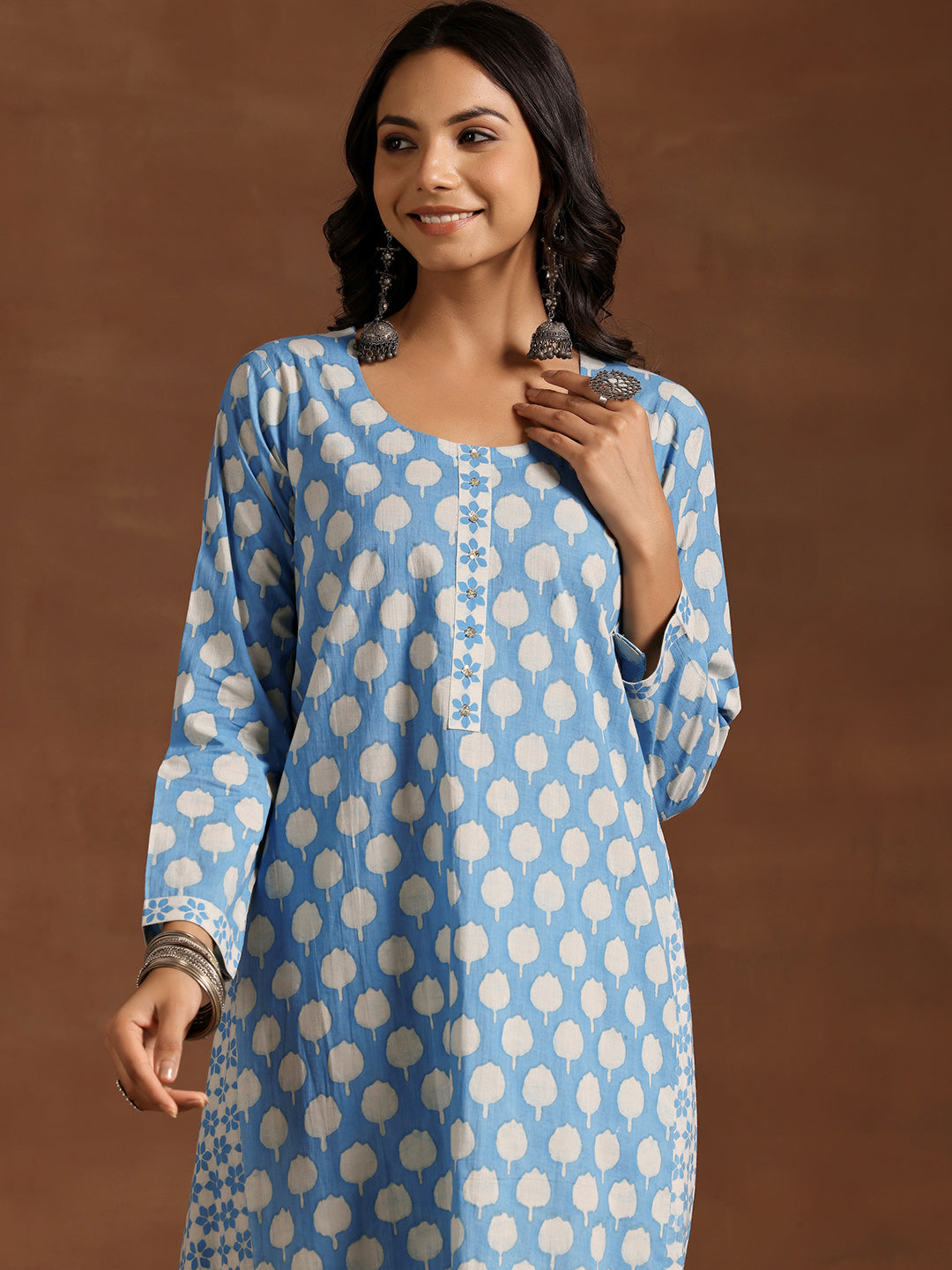 Blue Printed Cotton A-Line Kurta With Trousers