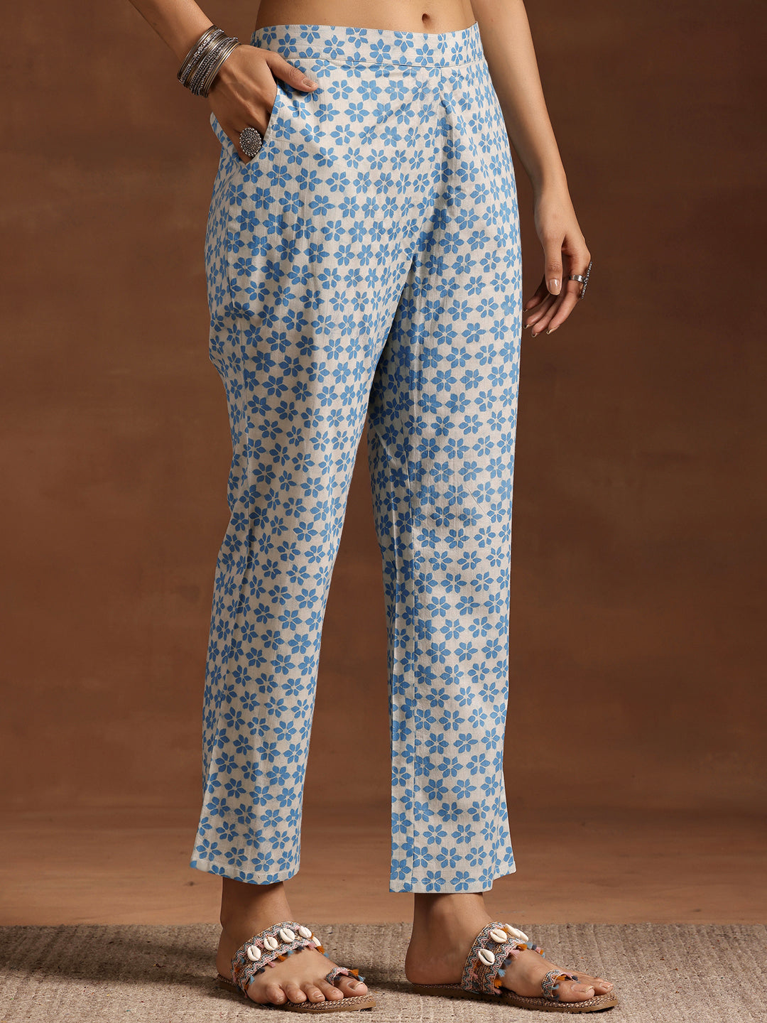 Blue Printed Cotton A-Line Kurta With Trousers