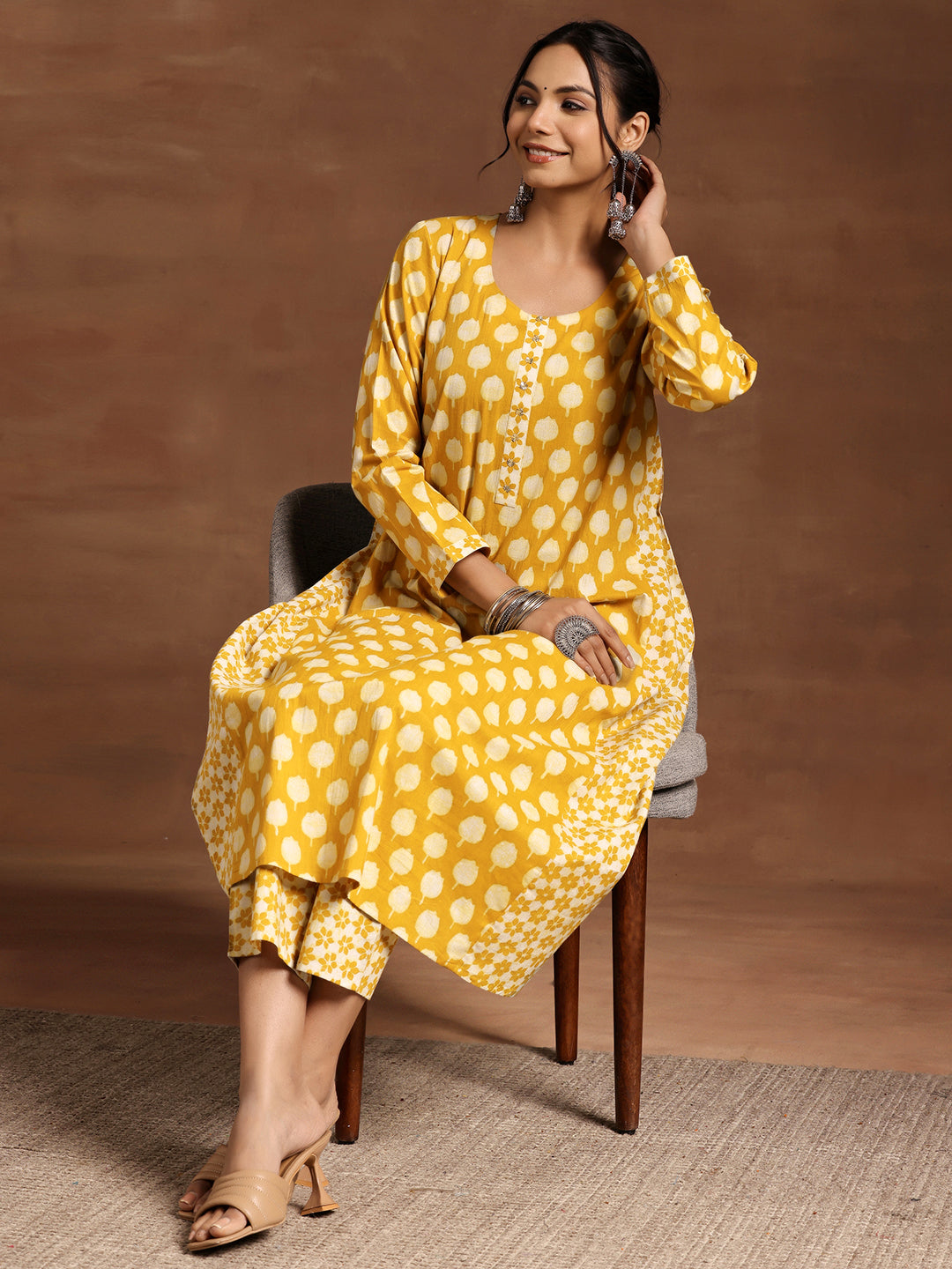 Mustard Printed Cotton A-Line Kurta With Trousers