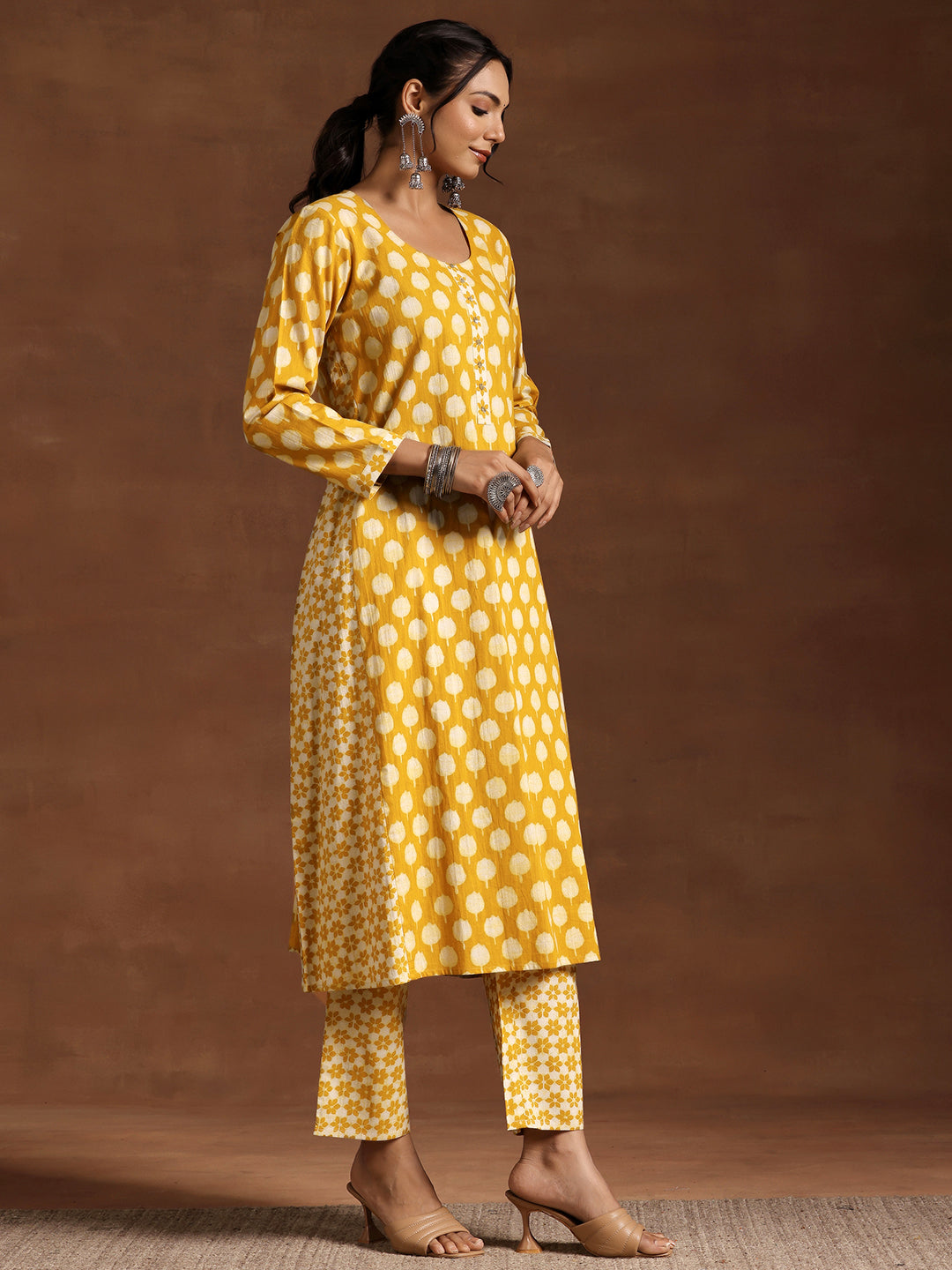 Mustard Printed Cotton A-Line Kurta With Trousers