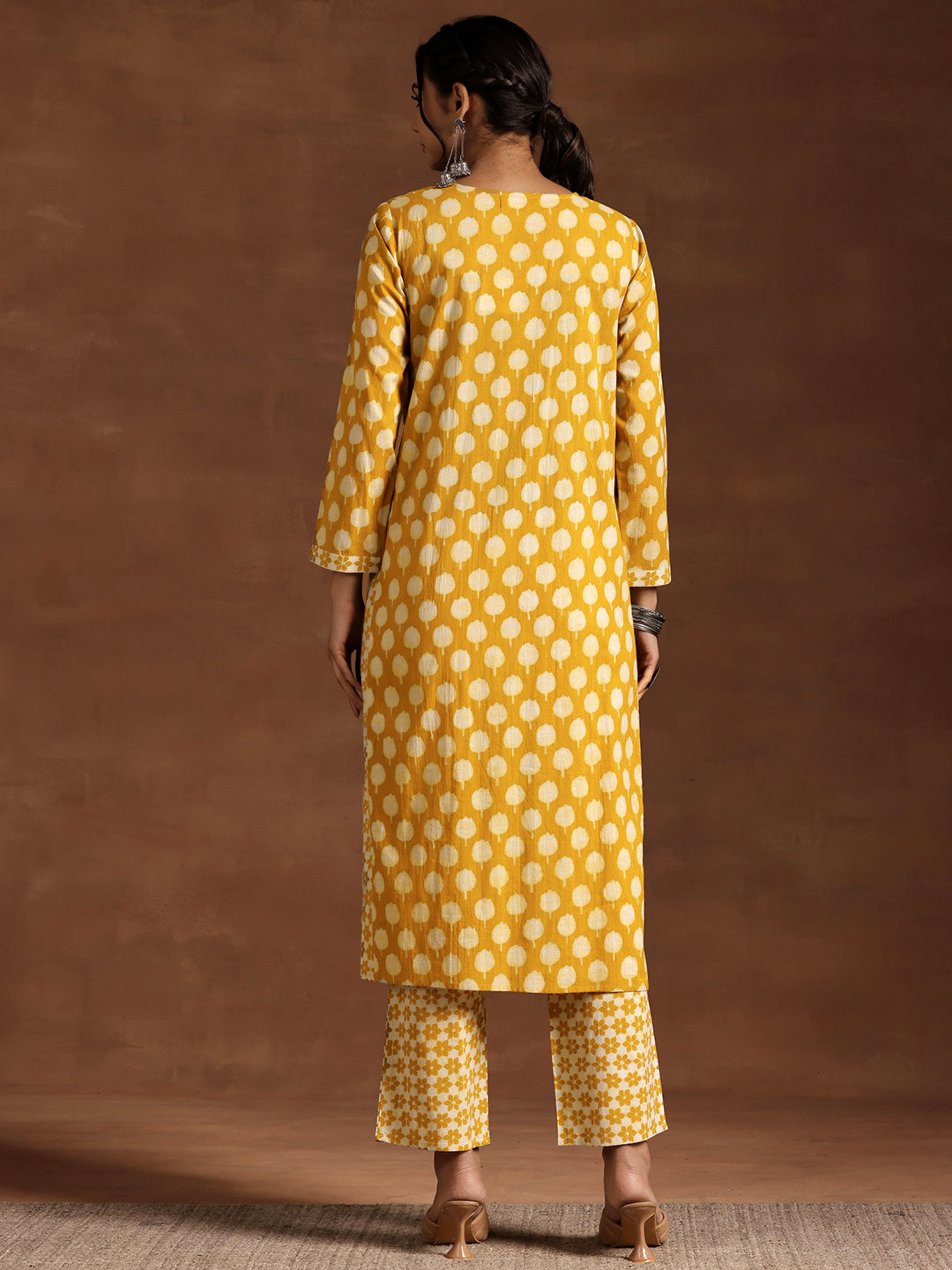 Mustard Printed Cotton A-Line Kurta With Trousers