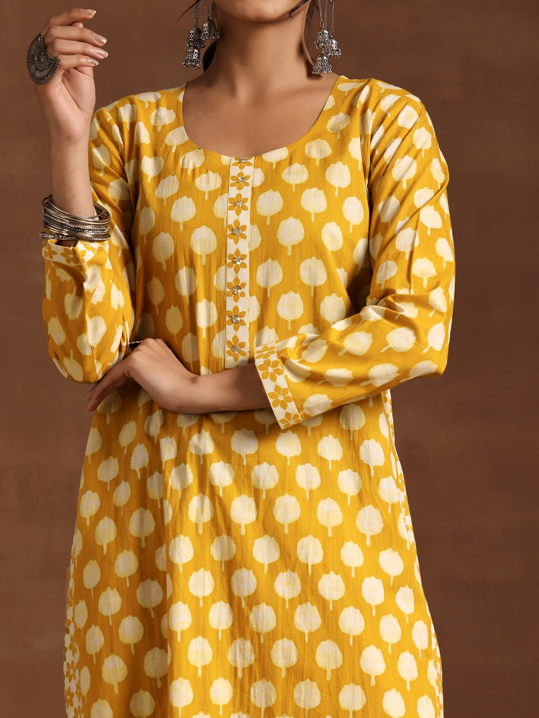 Mustard Printed Cotton A-Line Kurta With Trousers