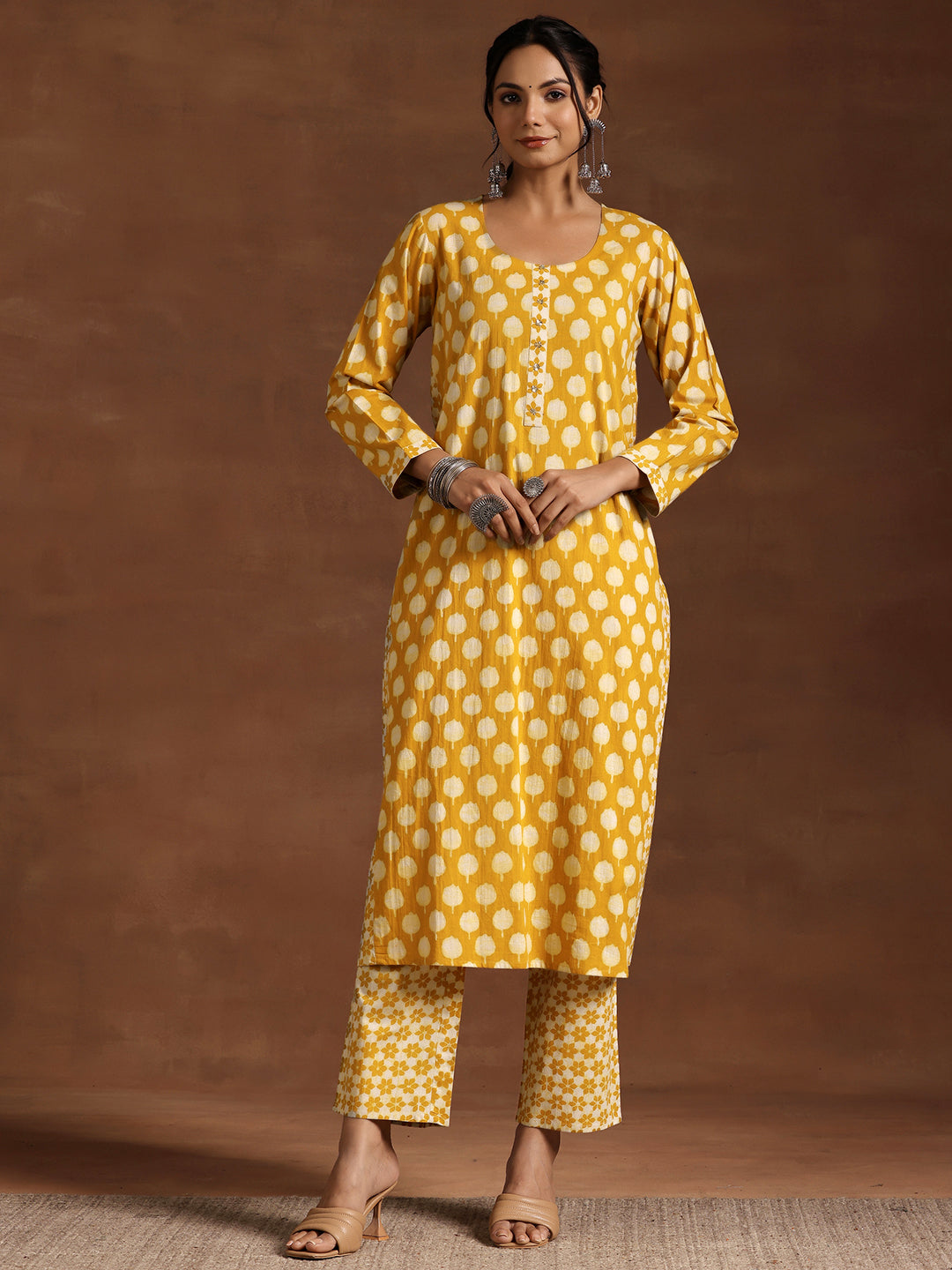 Mustard Printed Cotton A-Line Kurta With Trousers