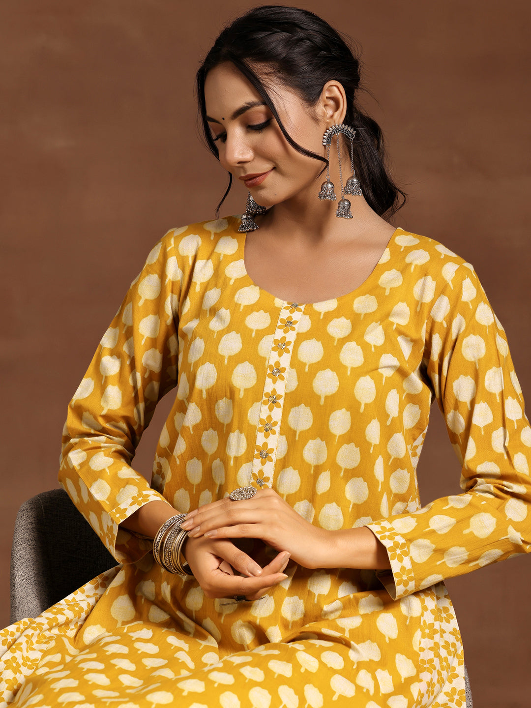 Mustard Printed Cotton A-Line Kurta With Trousers