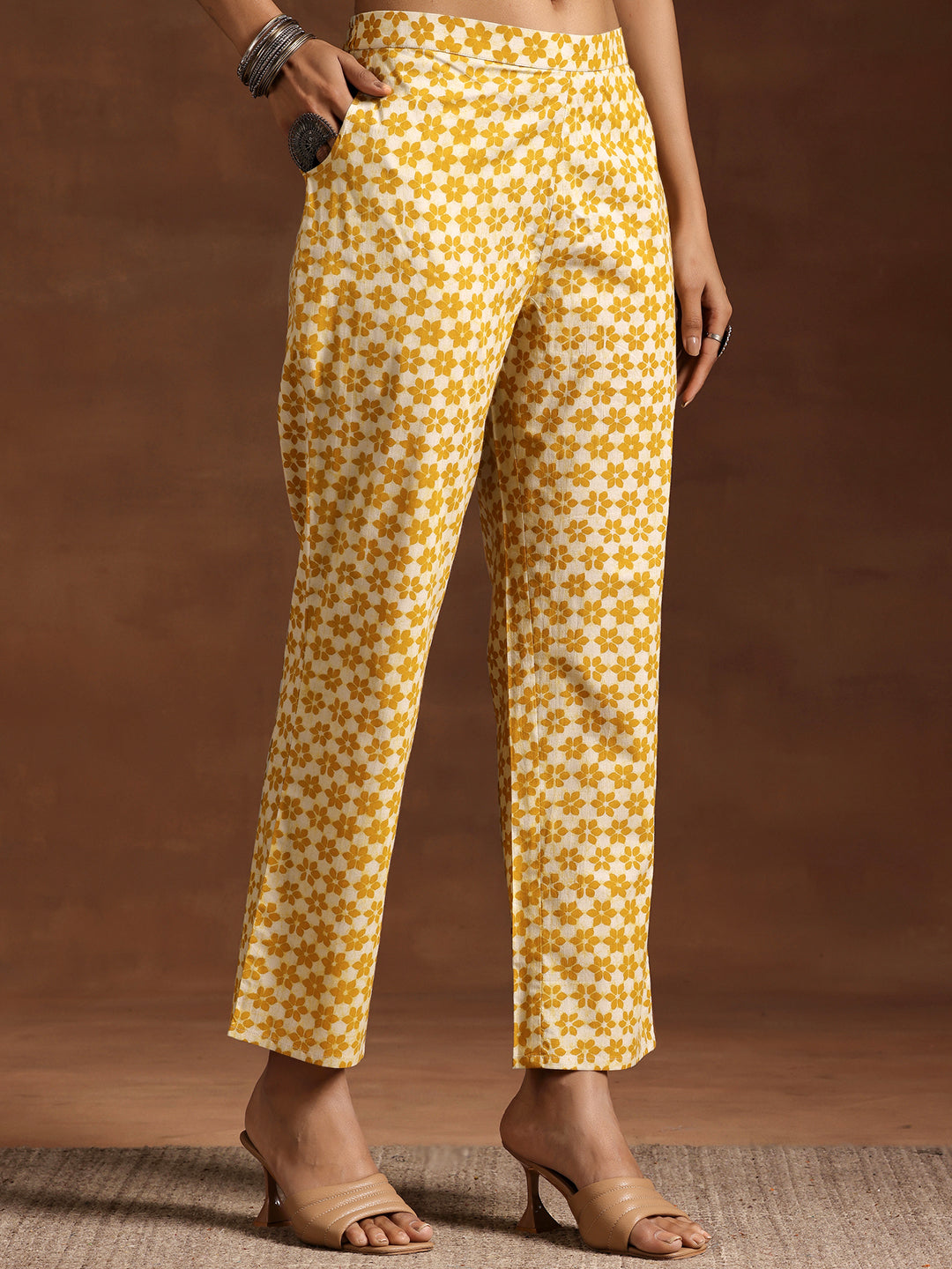 Mustard Printed Cotton A-Line Kurta With Trousers