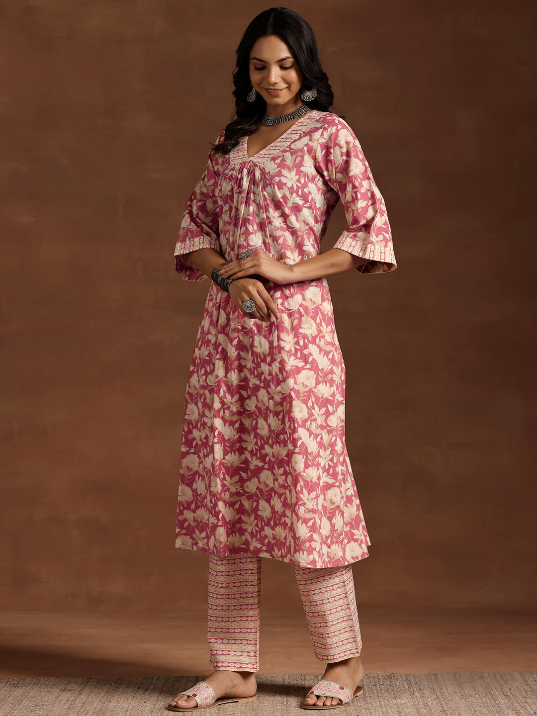 Peach Printed Cotton A-Line Kurta With Trousers