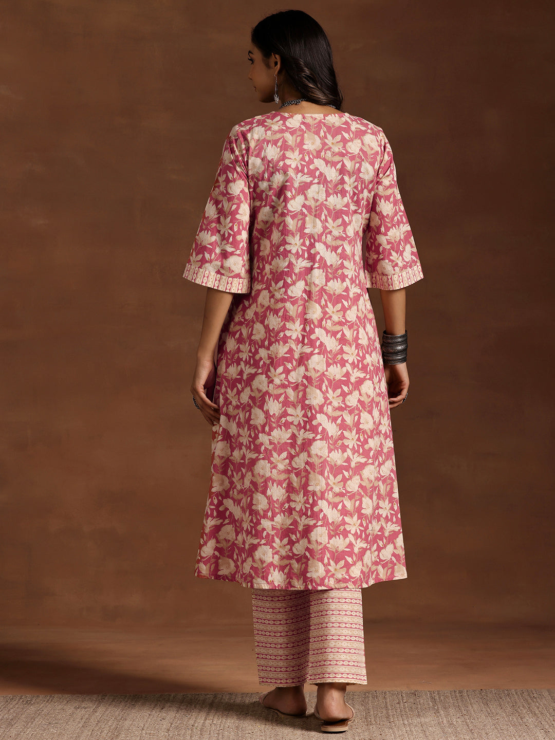 Peach Printed Cotton A-Line Kurta With Trousers