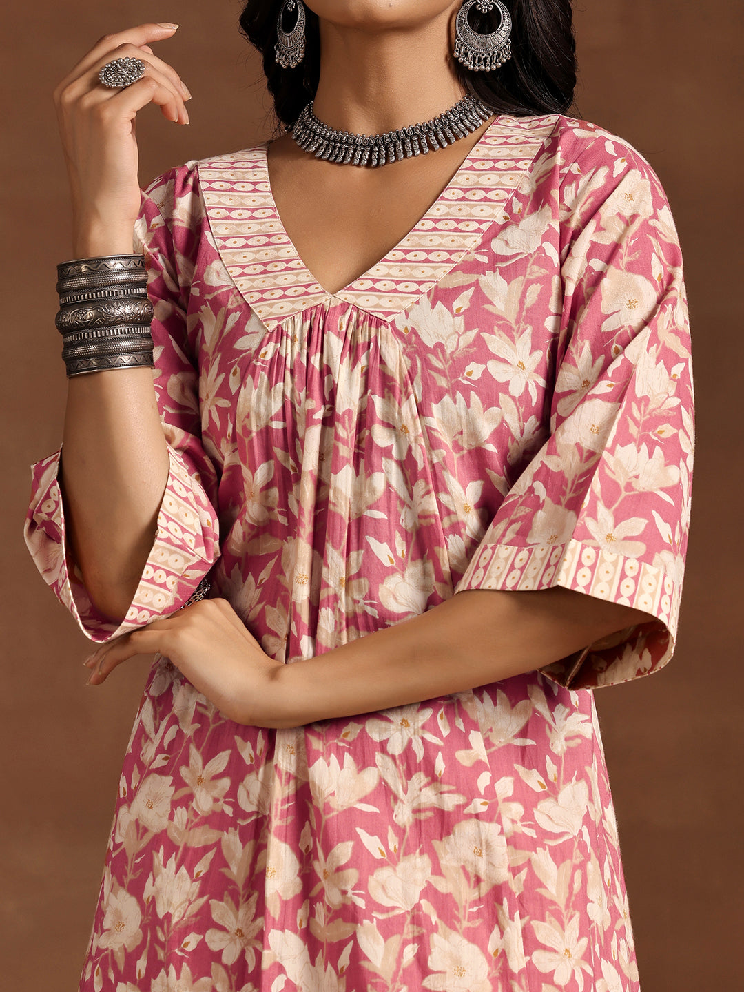 Peach Printed Cotton A-Line Kurta With Trousers