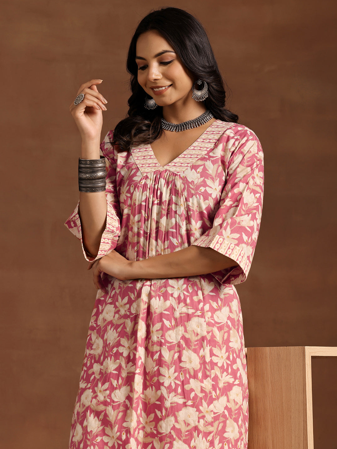 Peach Printed Cotton A-Line Kurta With Trousers