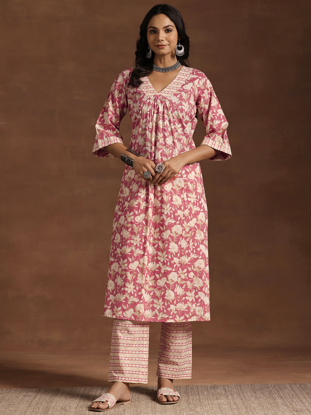 Peach Printed Cotton A-Line Kurta With Trousers