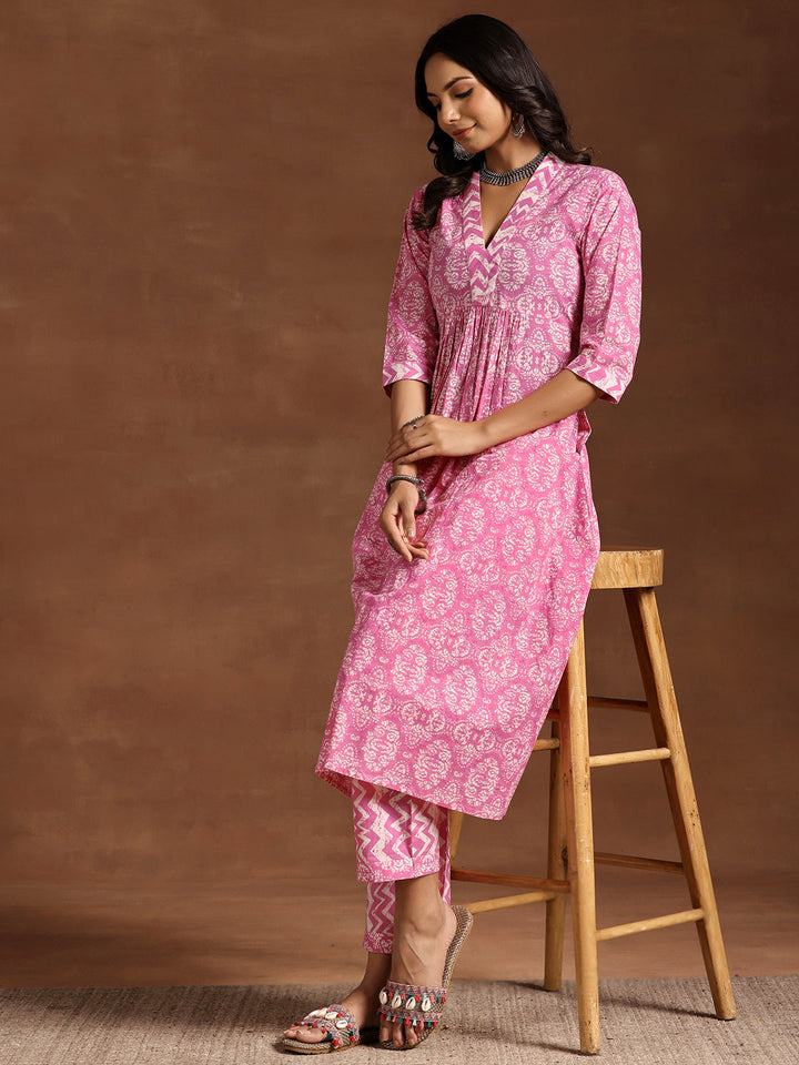 Pink Printed Cotton A-Line Kurta With Trousers