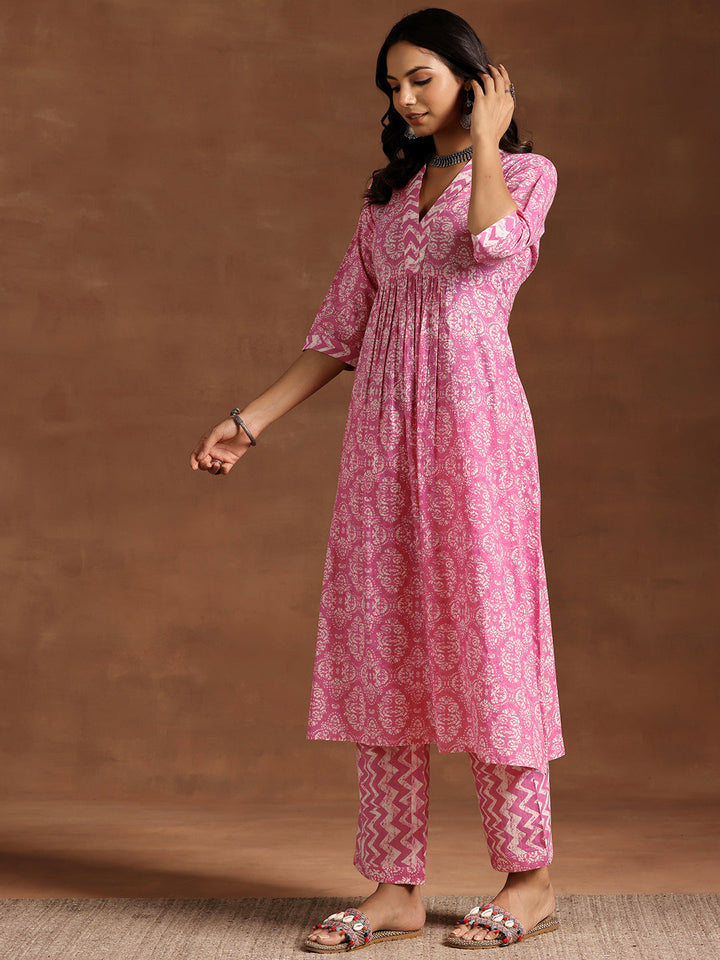 Pink Printed Cotton A-Line Kurta With Trousers