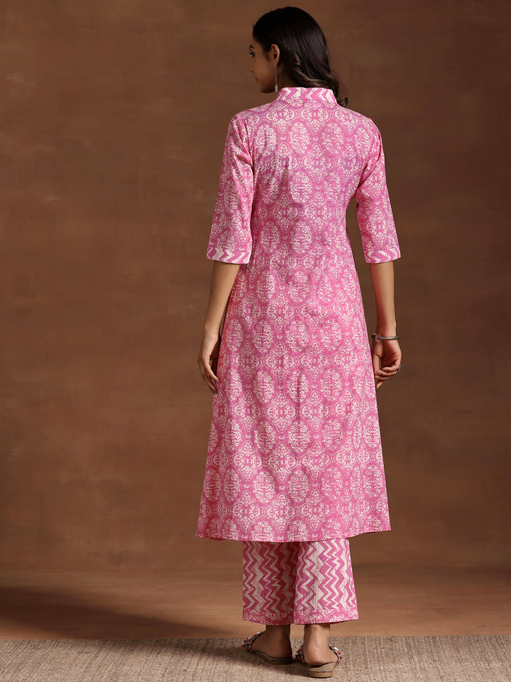 Pink Printed Cotton A-Line Kurta With Trousers