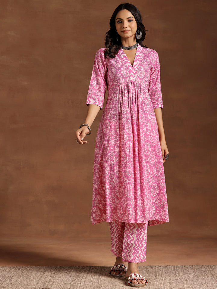 Pink Printed Cotton A-Line Kurta With Trousers