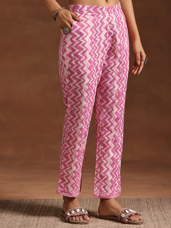 Pink Printed Cotton A-Line Kurta With Trousers