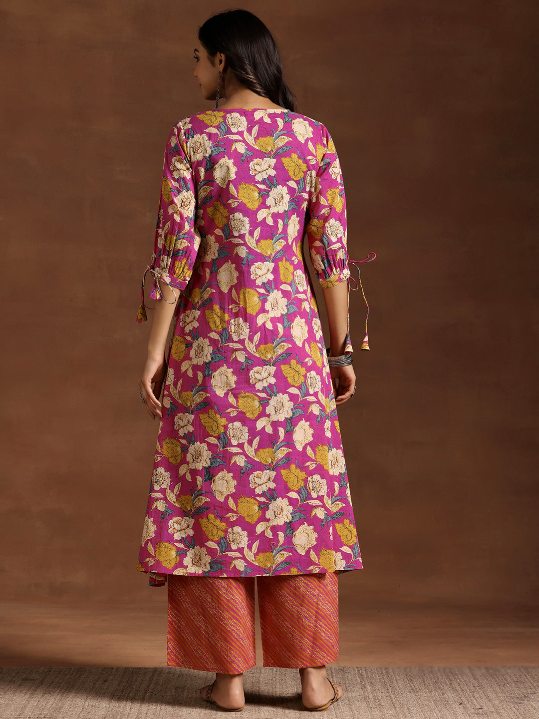 Pink Printed Cotton A-Line Kurta With Palazzos