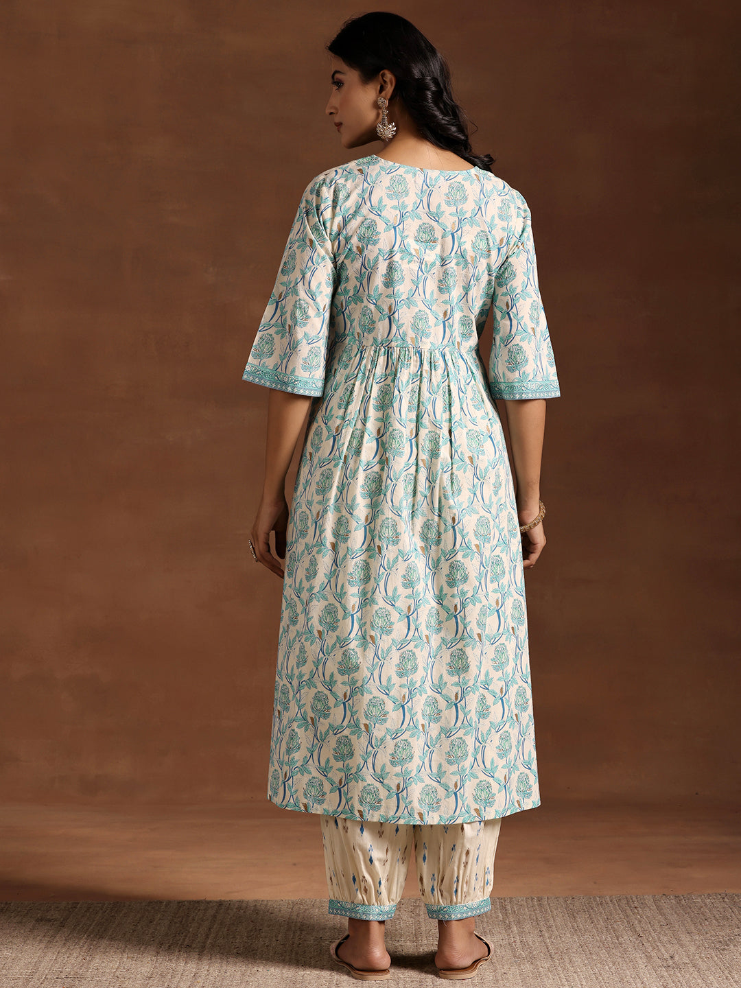 Blue Printed Cotton A-Line Kurta With Salwar