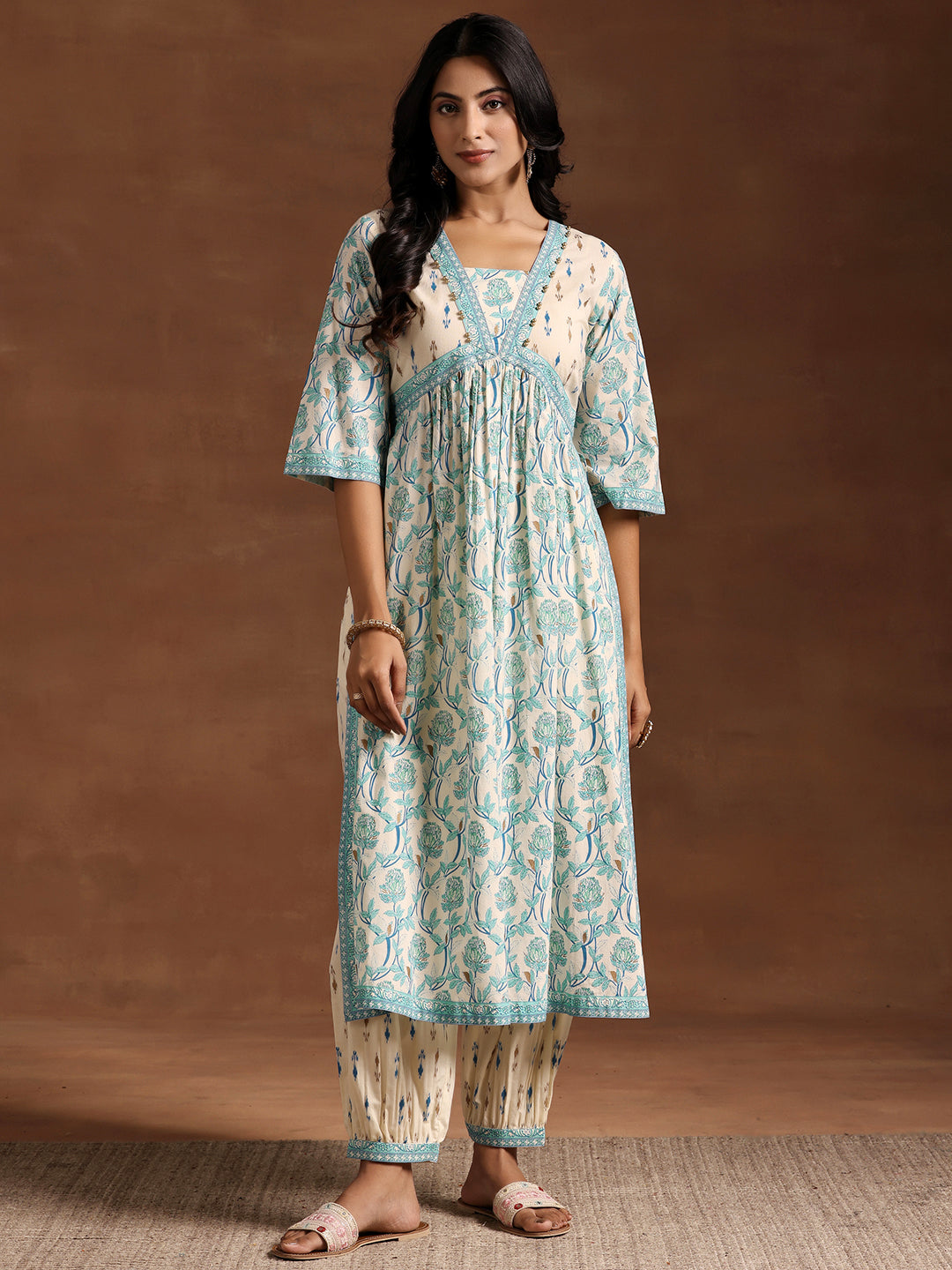 Blue Printed Cotton A-Line Kurta With Salwar