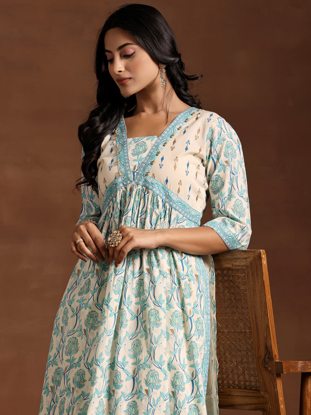 Blue Printed Cotton A-Line Kurta With Salwar