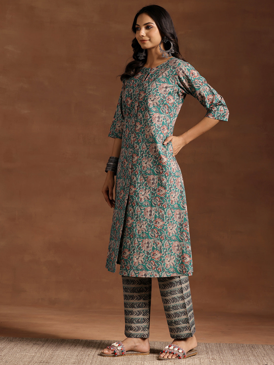 Blue Printed Cotton A-line Kurta With Trousers