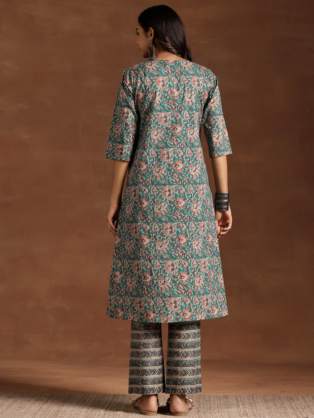 Blue Printed Cotton A-line Kurta With Trousers