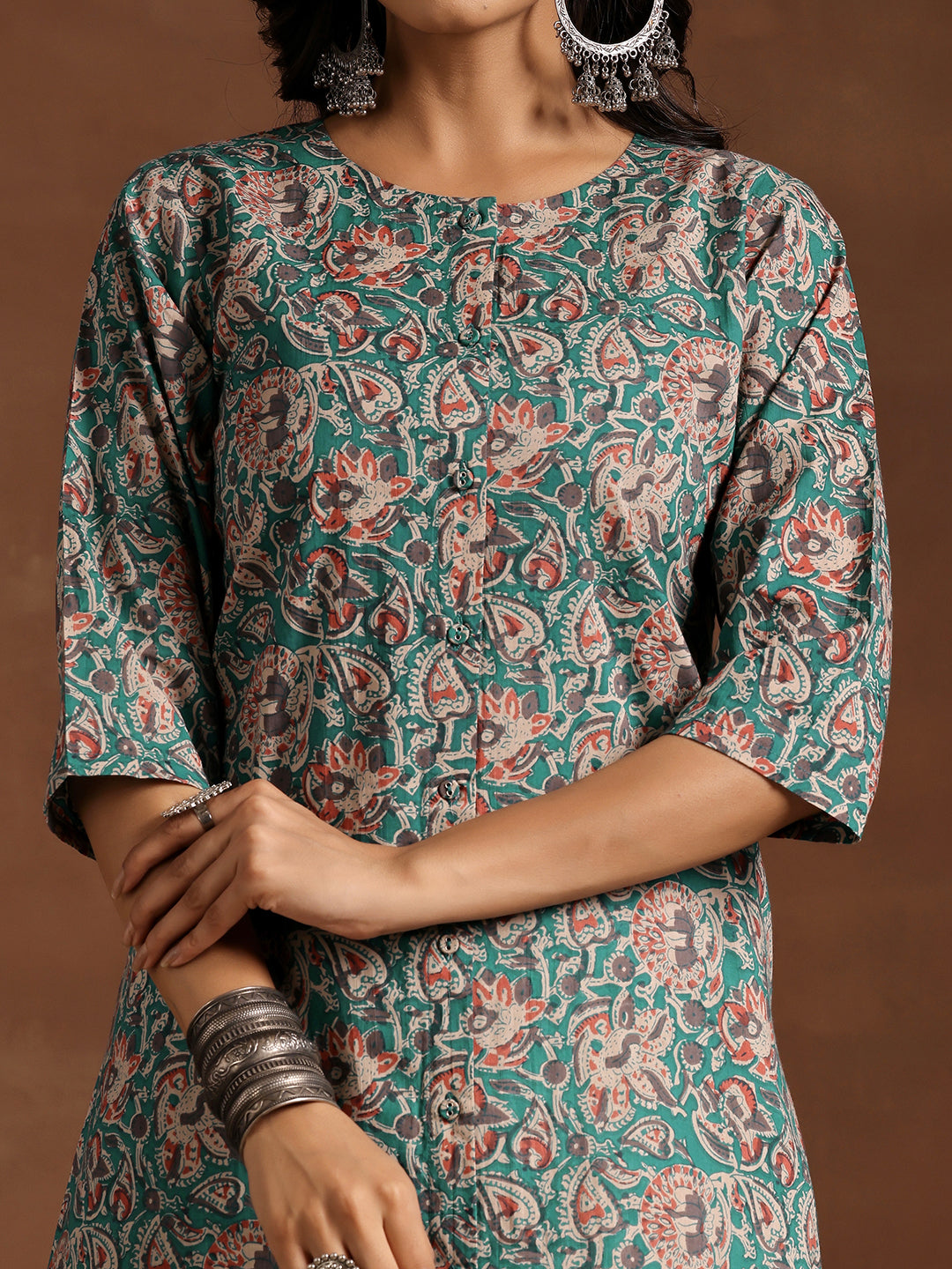 Blue Printed Cotton A-line Kurta With Trousers