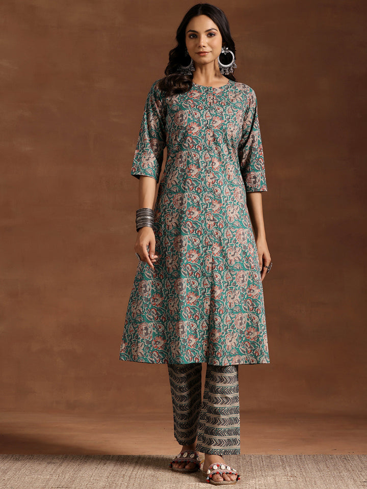 Blue Printed Cotton A-line Kurta With Trousers