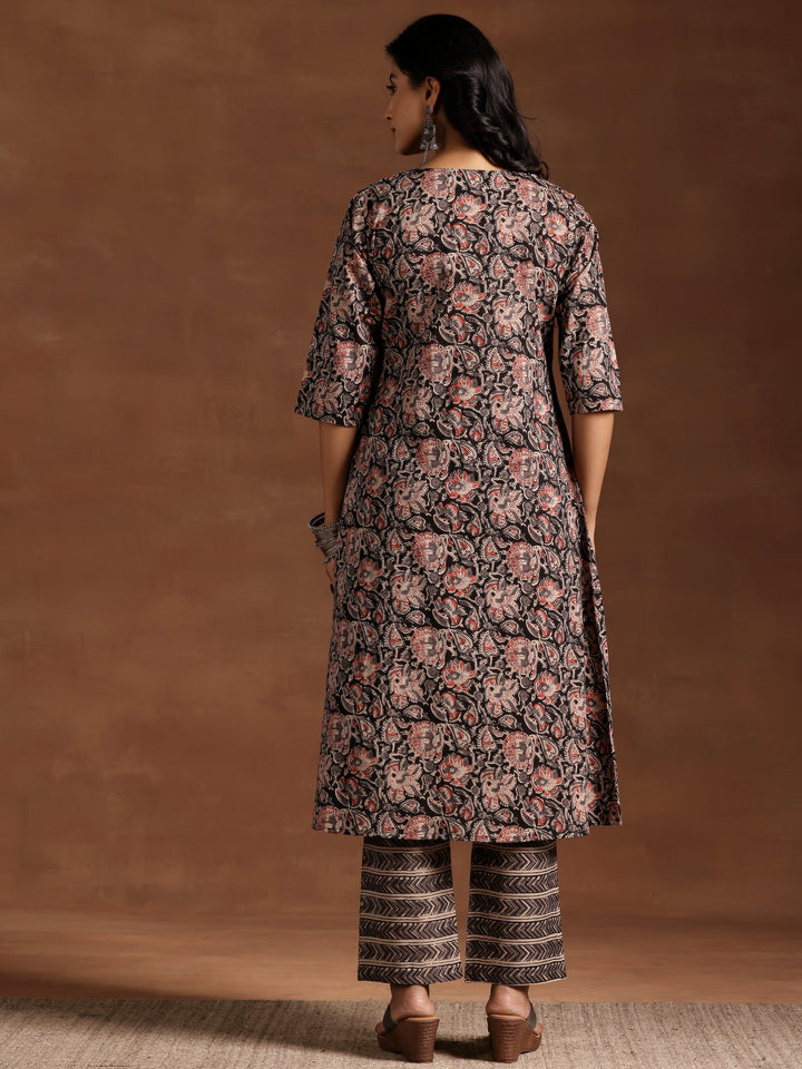 Black Printed Cotton A-line Kurta With Trousers