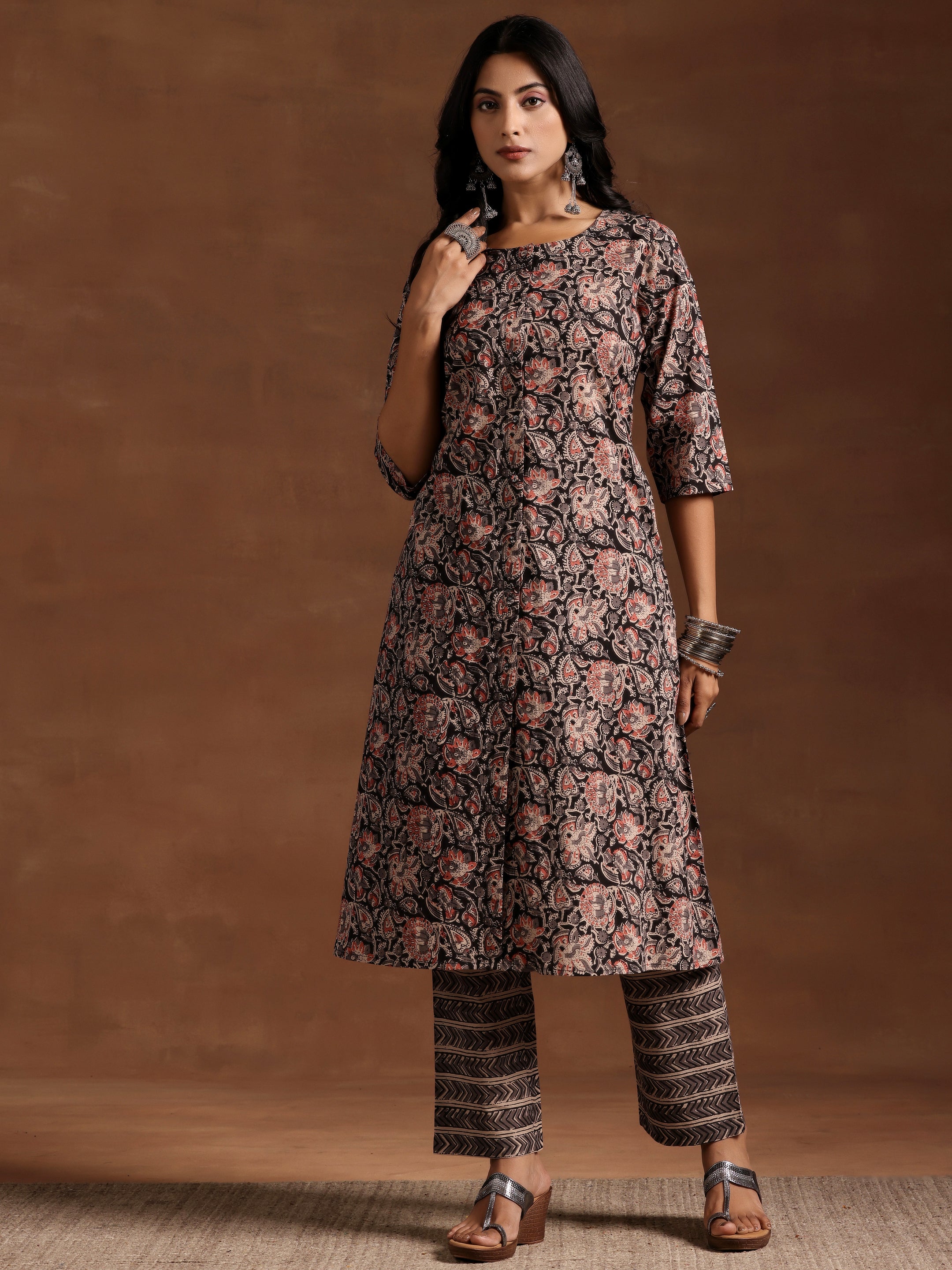 Black Printed Cotton A-line Kurta With Trousers