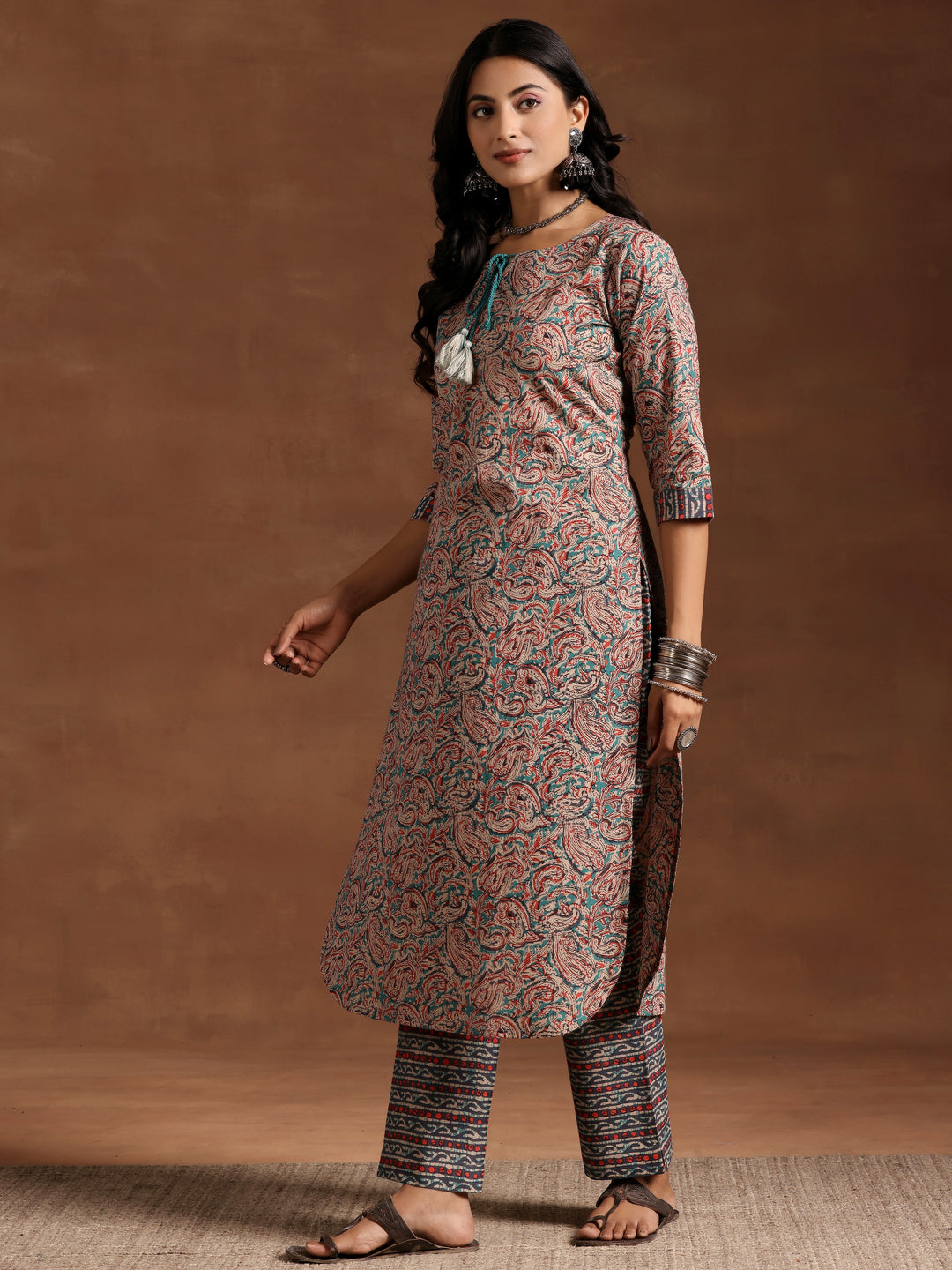 Blue Printed Cotton Straight Kurta Set