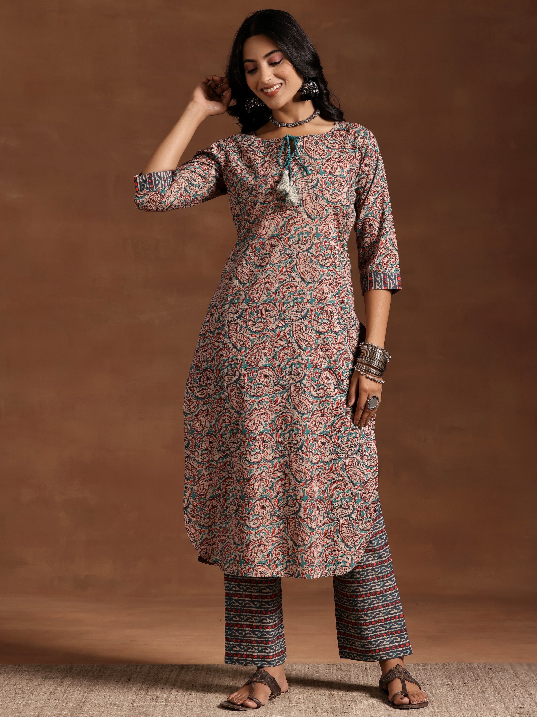 Blue Printed Cotton Straight Kurta Set