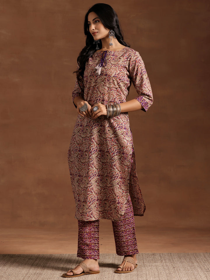 Purple Printed Cotton Straight Kurta Set