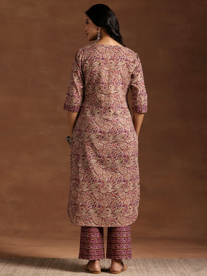 Purple Printed Cotton Straight Kurta Set