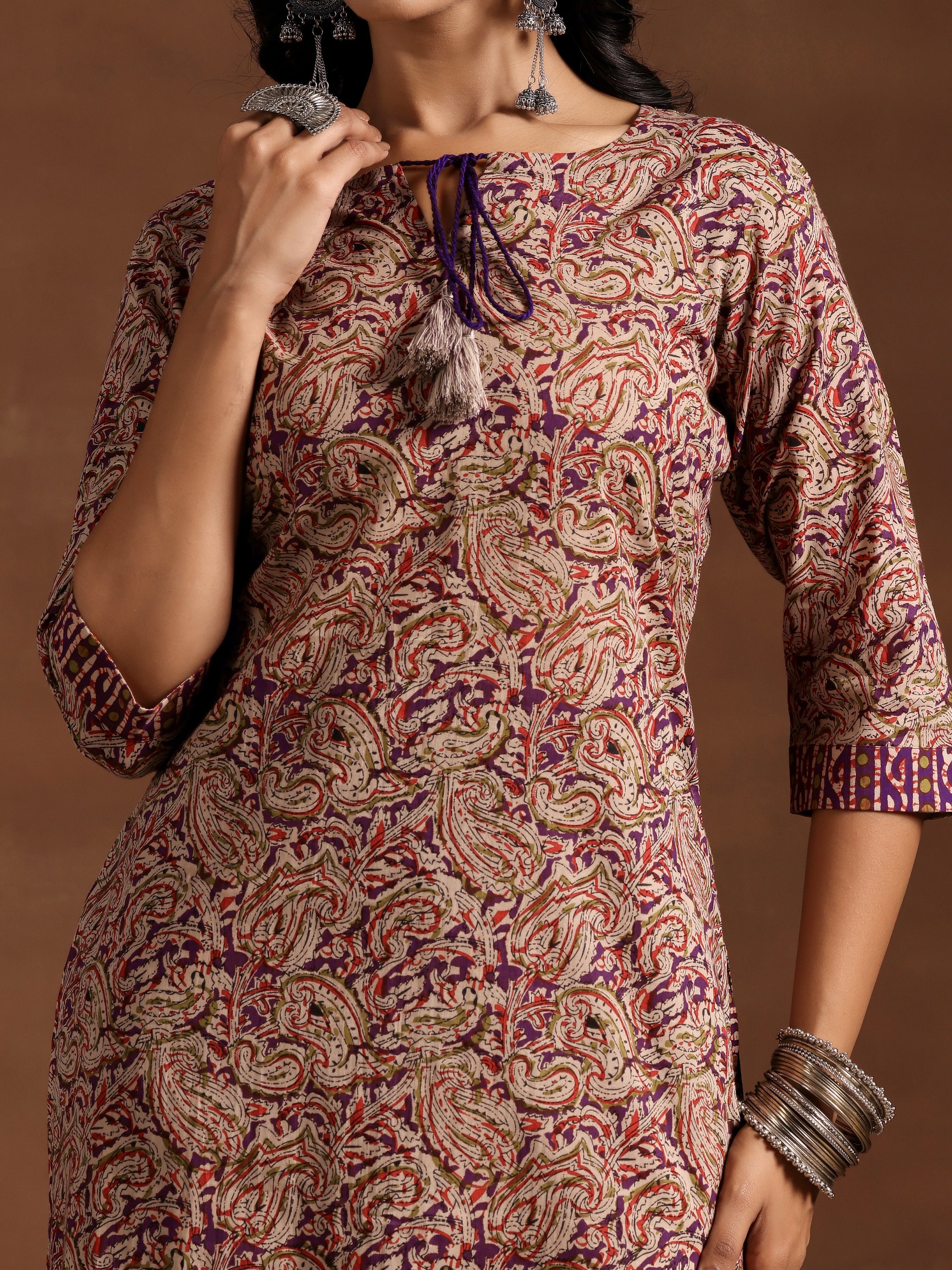 Purple Printed Cotton Straight Kurta Set