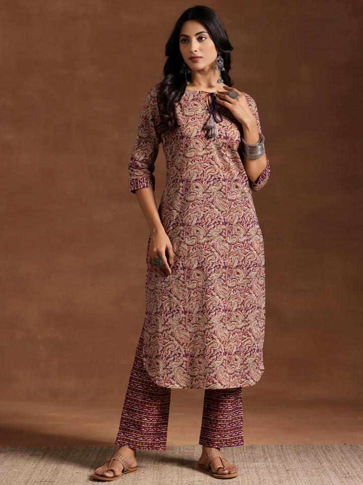 Purple Printed Cotton Straight Kurta Set