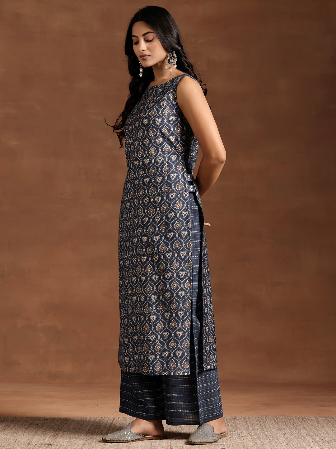 Blue Printed Silk Blend Straight Kurta Set