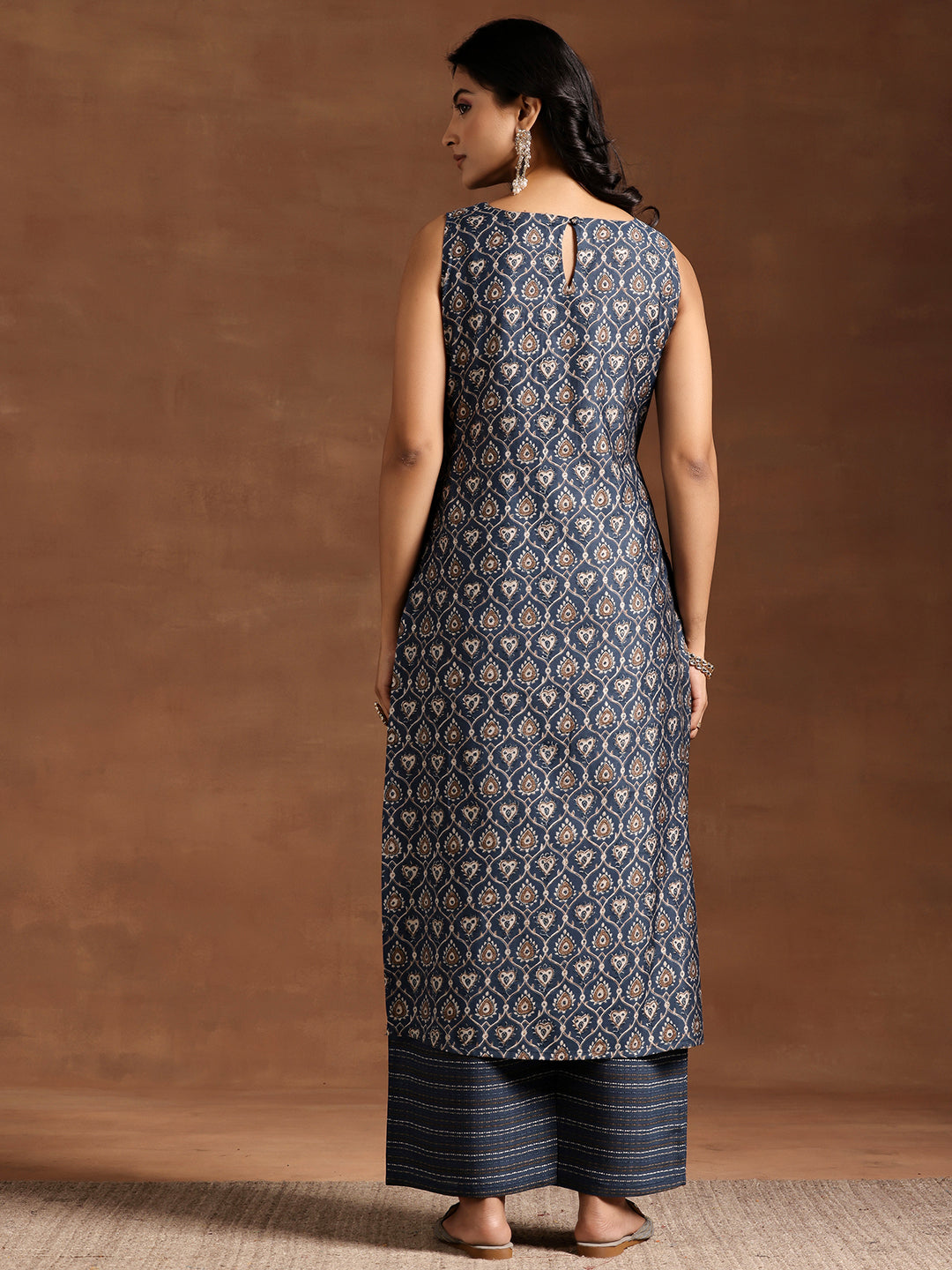 Blue Printed Silk Blend Straight Kurta Set