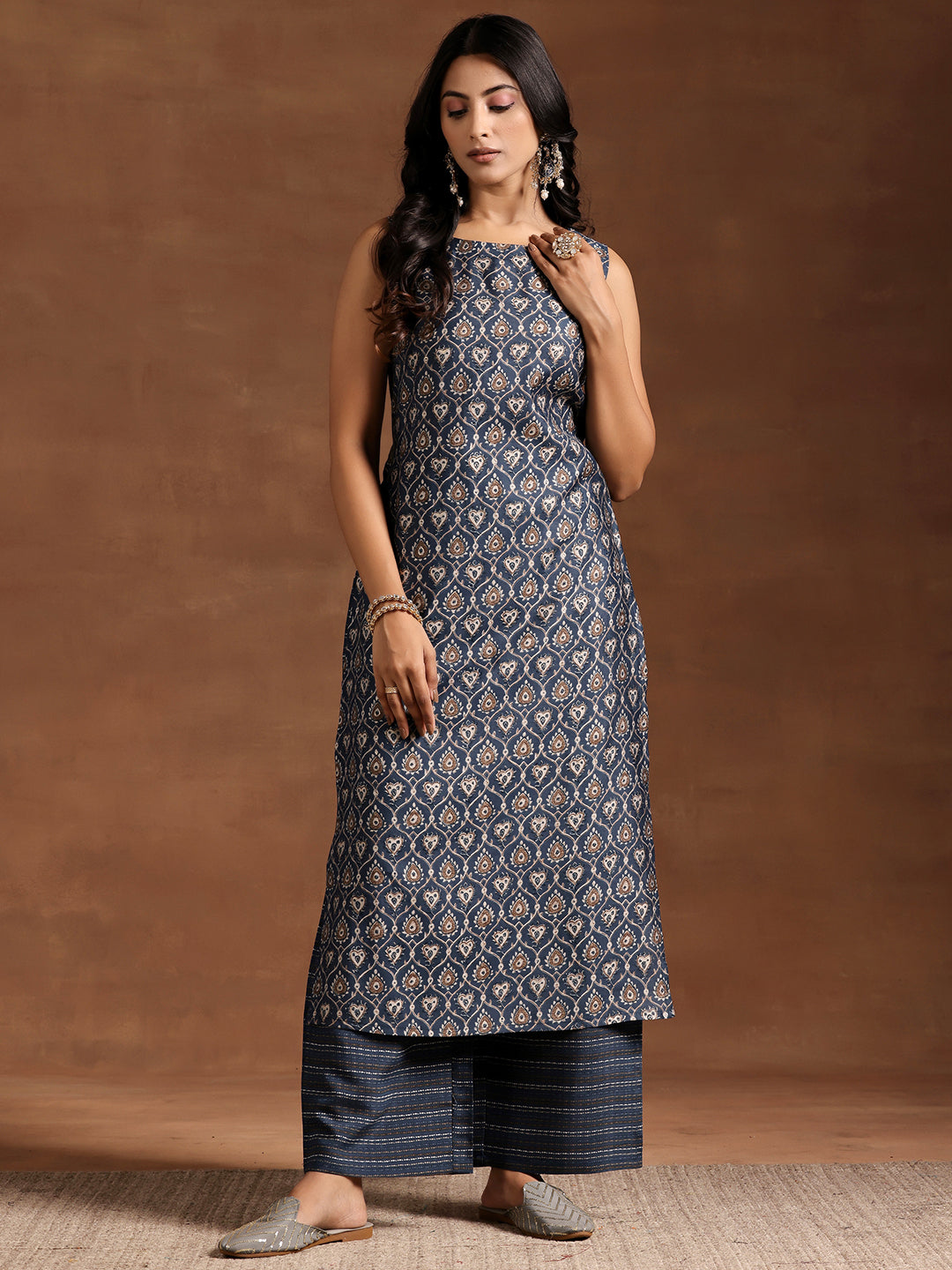 Blue Printed Silk Blend Straight Kurta Set