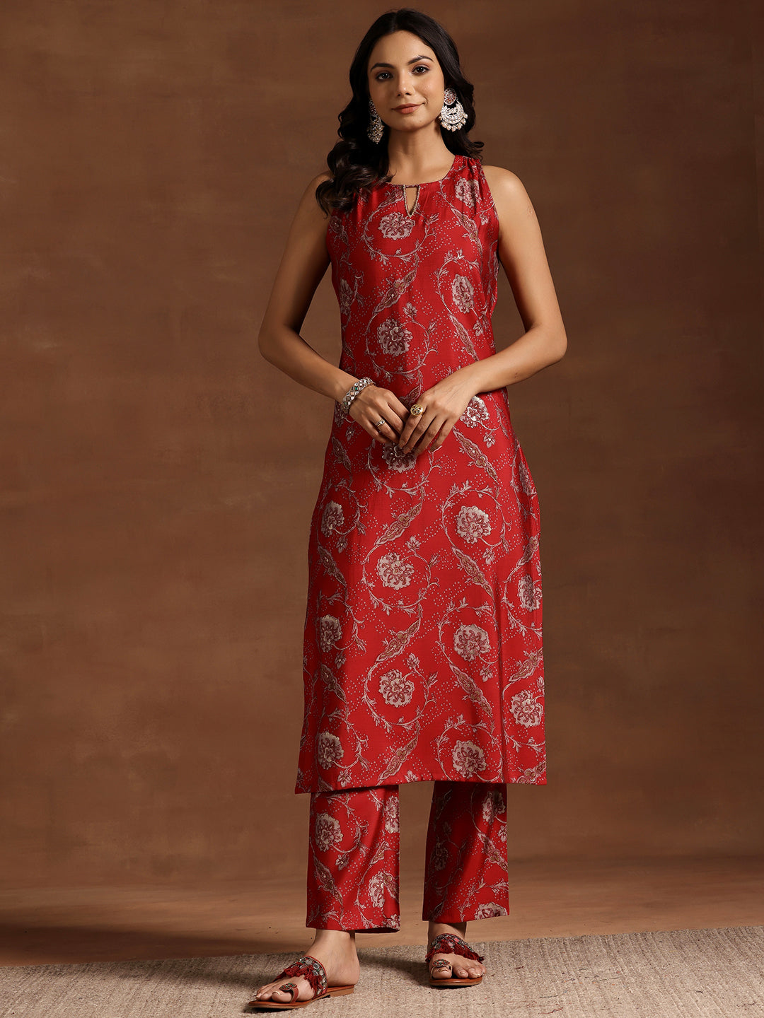 Red Printed Silk Blend Straight Kurta Set