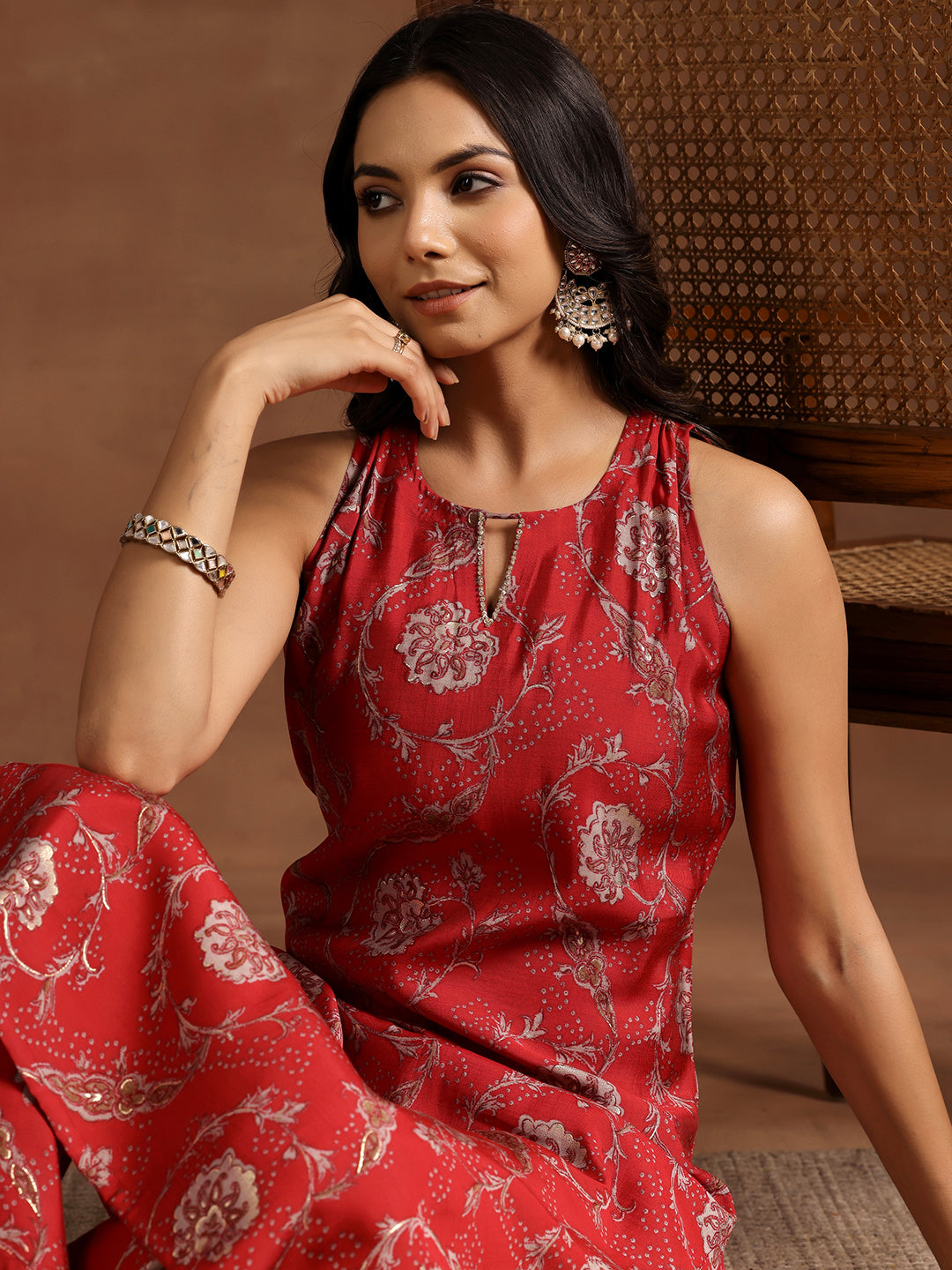 Red Printed Silk Blend Straight Kurta Set