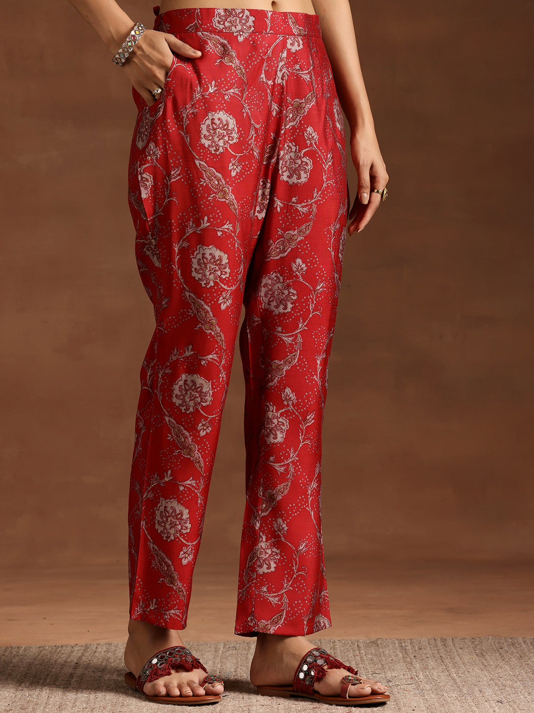 Red Printed Silk Blend Straight Kurta Set