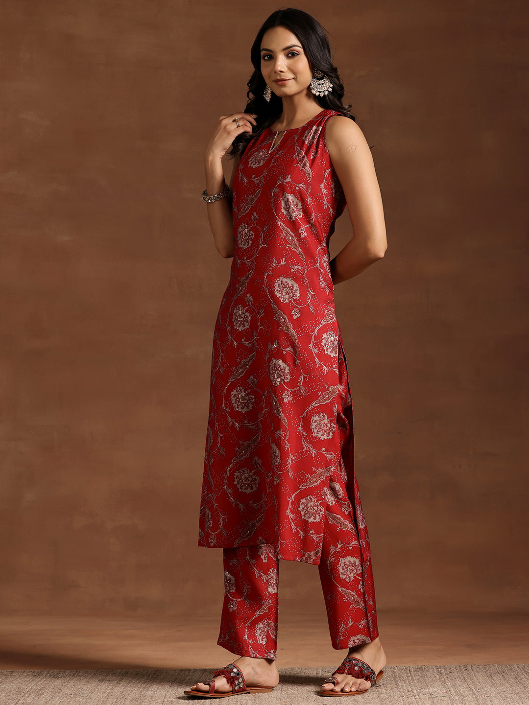 Red Printed Silk Blend Straight Kurta Set