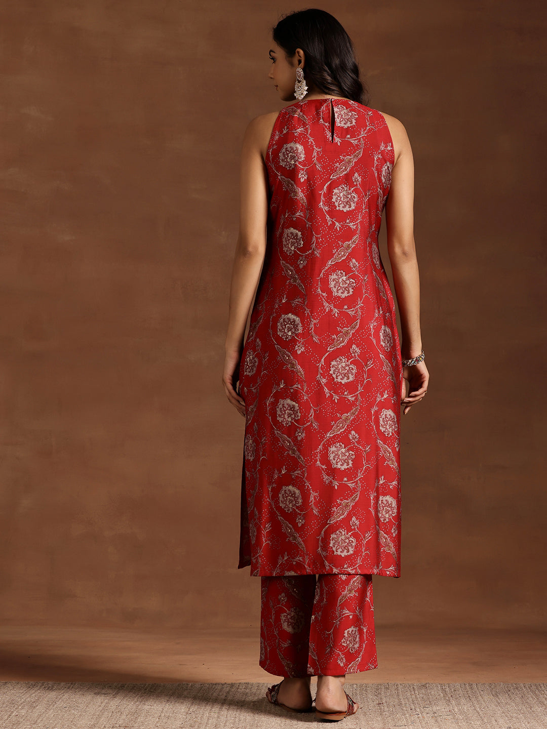 Red Printed Silk Blend Straight Kurta Set