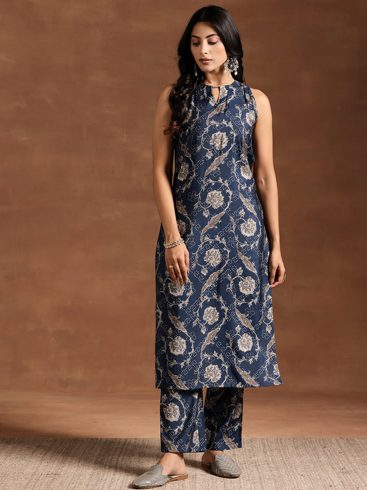 Blue Printed Silk Blend Straight Kurta Set