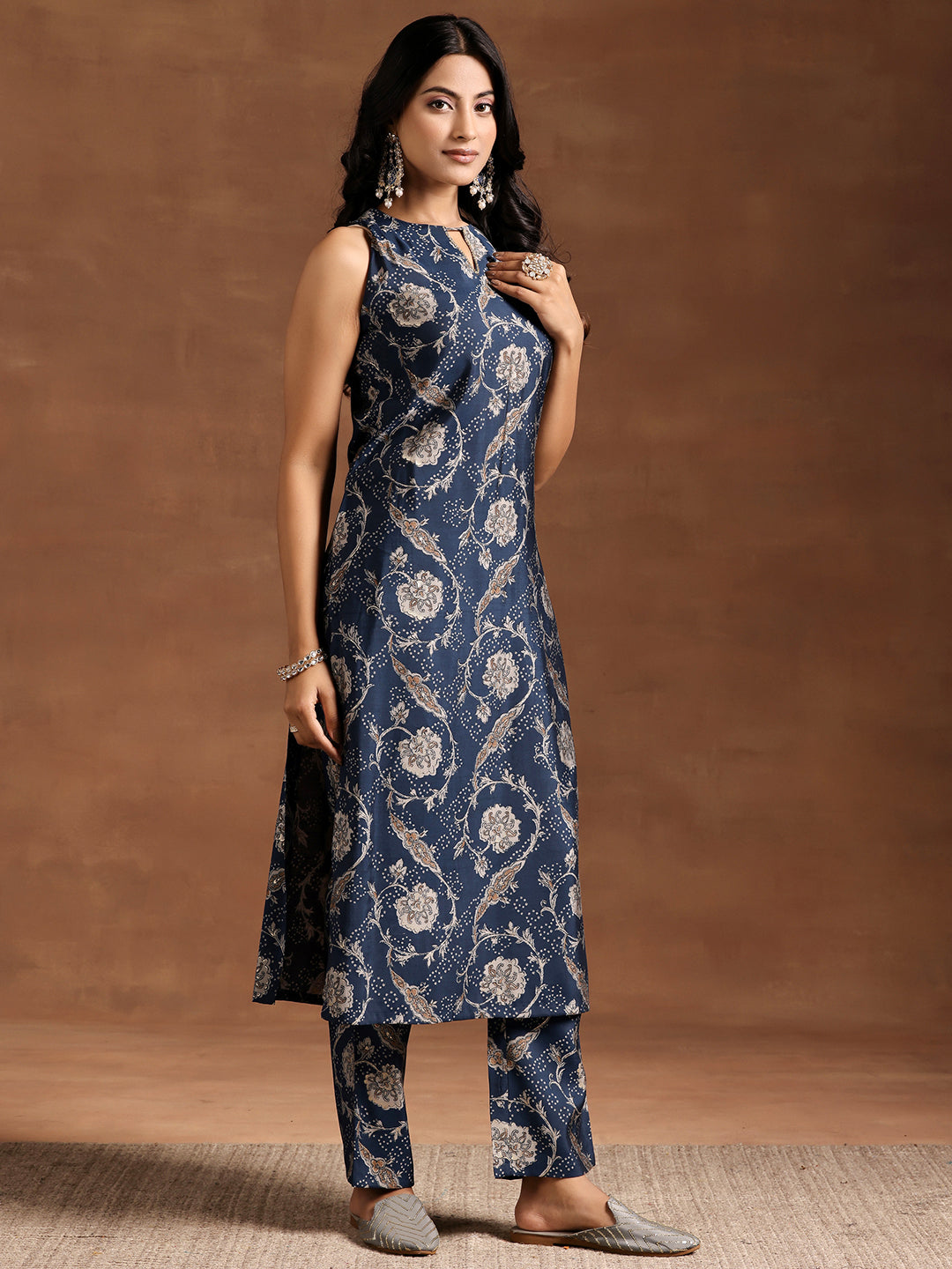 Blue Printed Silk Blend Straight Kurta Set