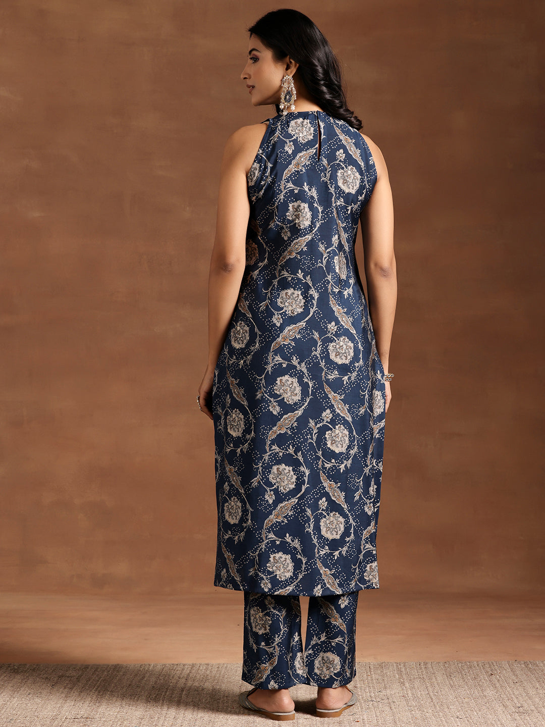 Blue Printed Silk Blend Straight Kurta Set