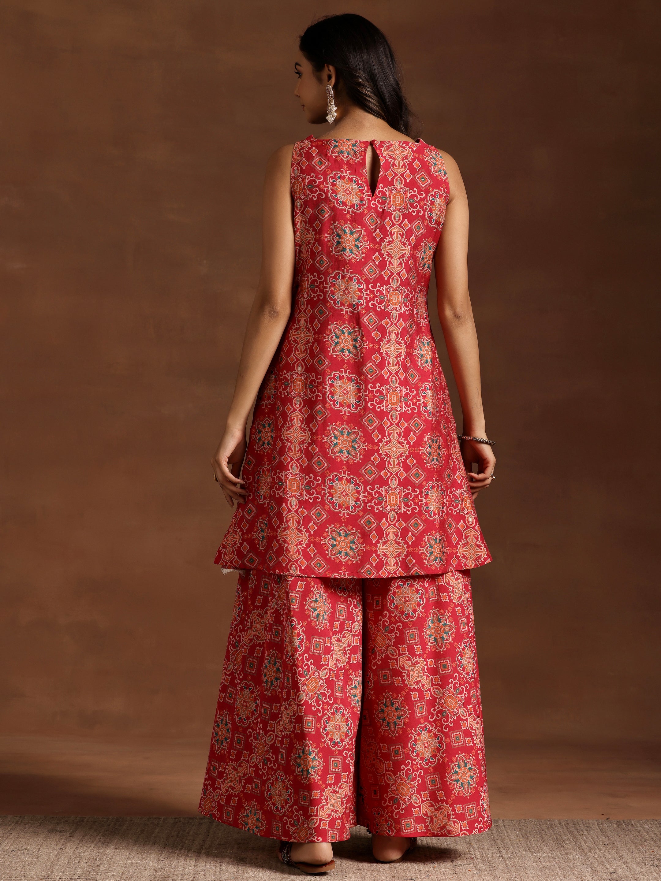 Pink Printed Silk Blend Straight Kurta With Palazzos